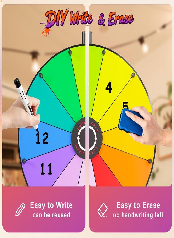 GSOW Prize Wheel, 24 Inch Tabletop Spinning Wheel for Prizes with Stand, Heavy Duty Spinner Wheel of Fortune with 12 Slot & Dry Eraser & Markers, Spin Wheel for Carnival, Family Games, Party Games - Image 5